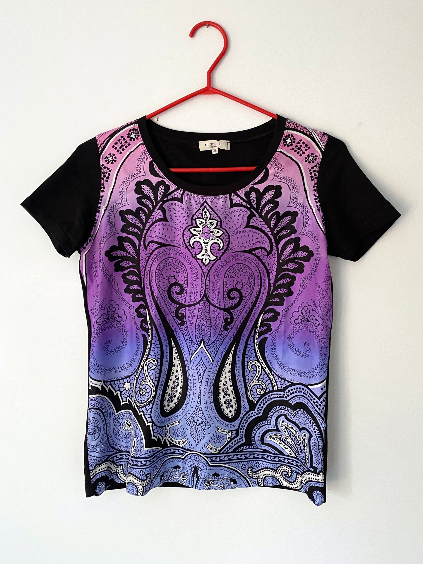 90s ETRO multicolor paisley silk short sleeved tshirt – small, medium | unique graphic abstract print blouse