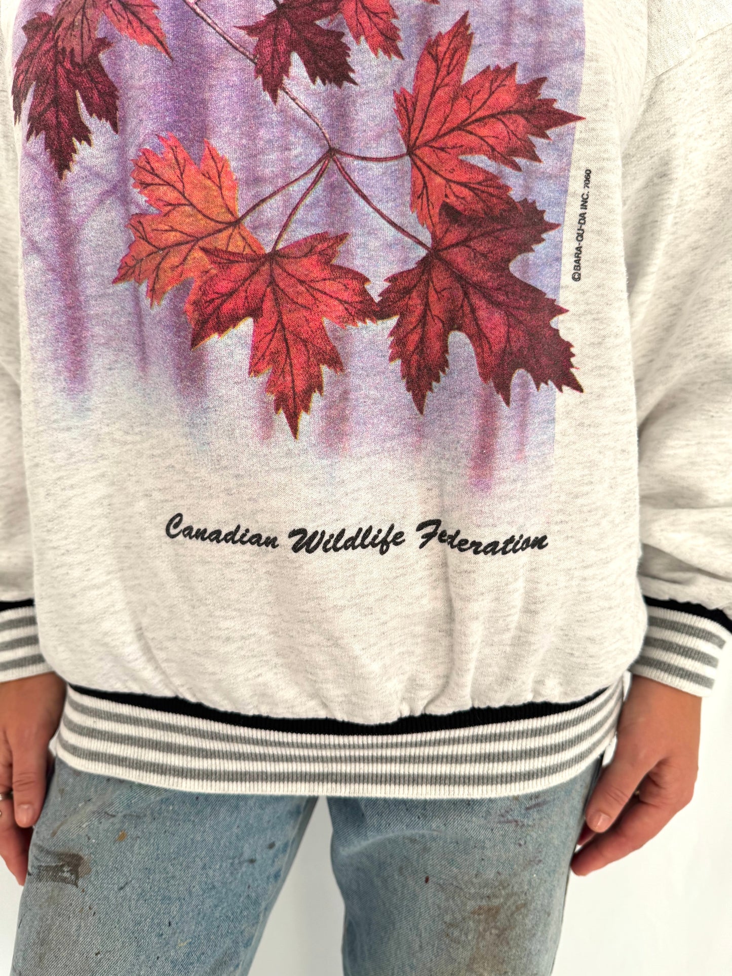 90s vintage grey Canadian Wildlife outdoor nature graphic pullover sweater | unisex mens retro sportswear ribbed sweatshirt