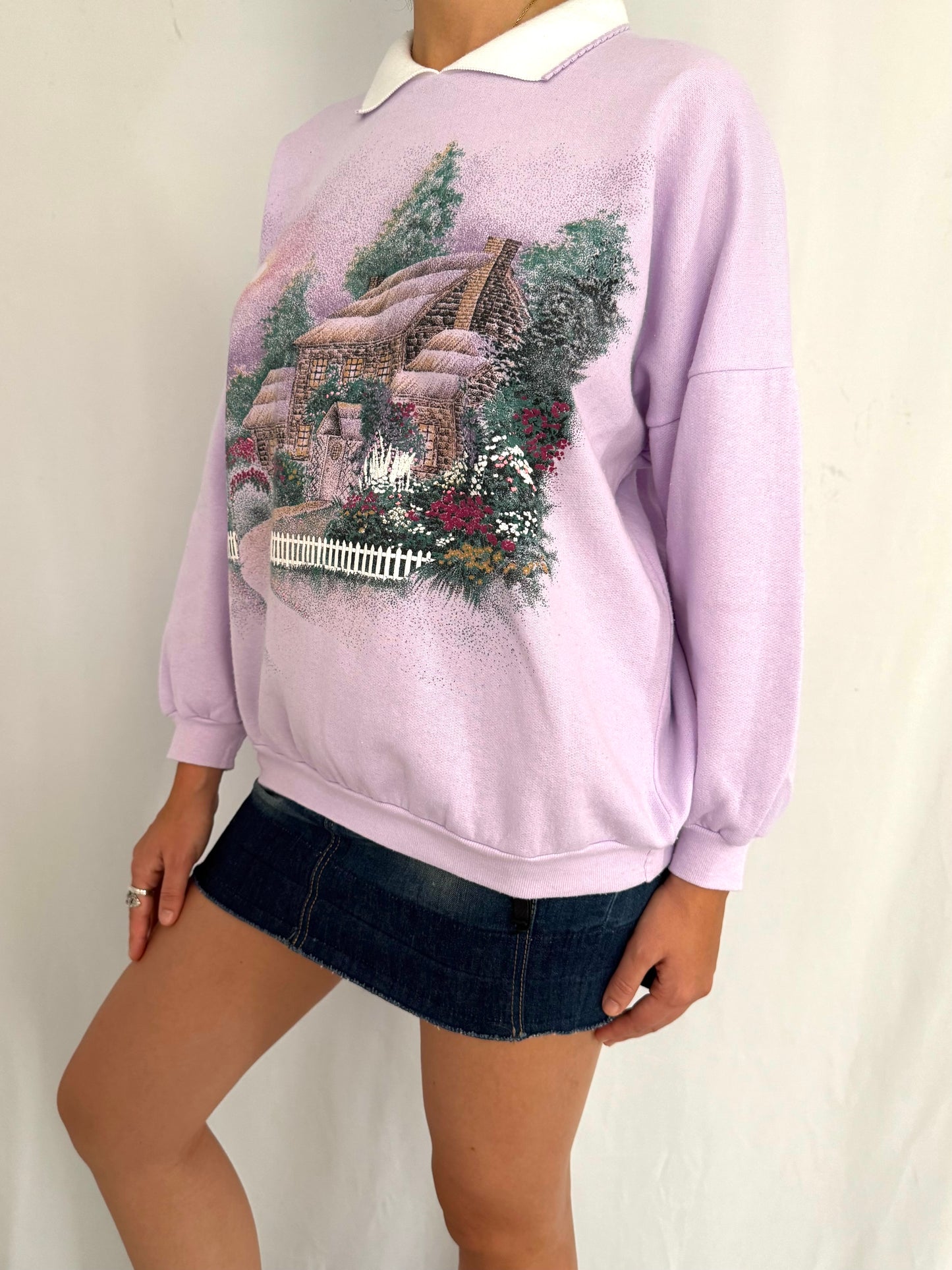 90s vintage purple outdoor country garden scene pullover sweatshirt – small medium | cute granny graphic puffy collared sweater