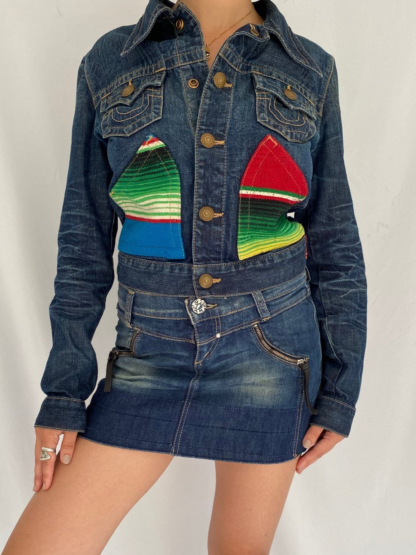 2000s vintage true religion serape blue denim jacket – small, medium | jada baja collared jean jacket
