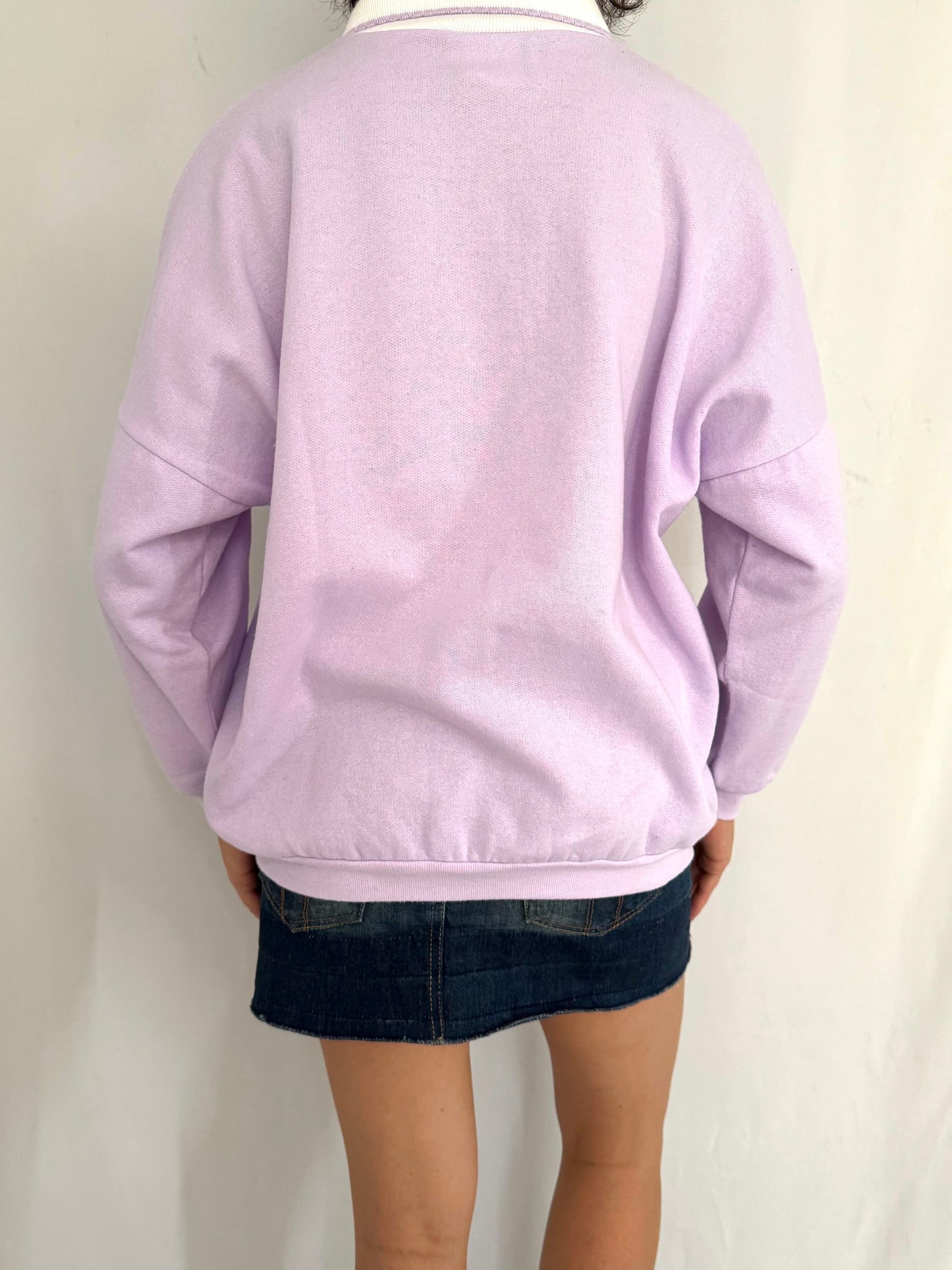 90s vintage purple outdoor country garden scene pullover sweatshirt – small medium | cute granny graphic puffy collared sweater