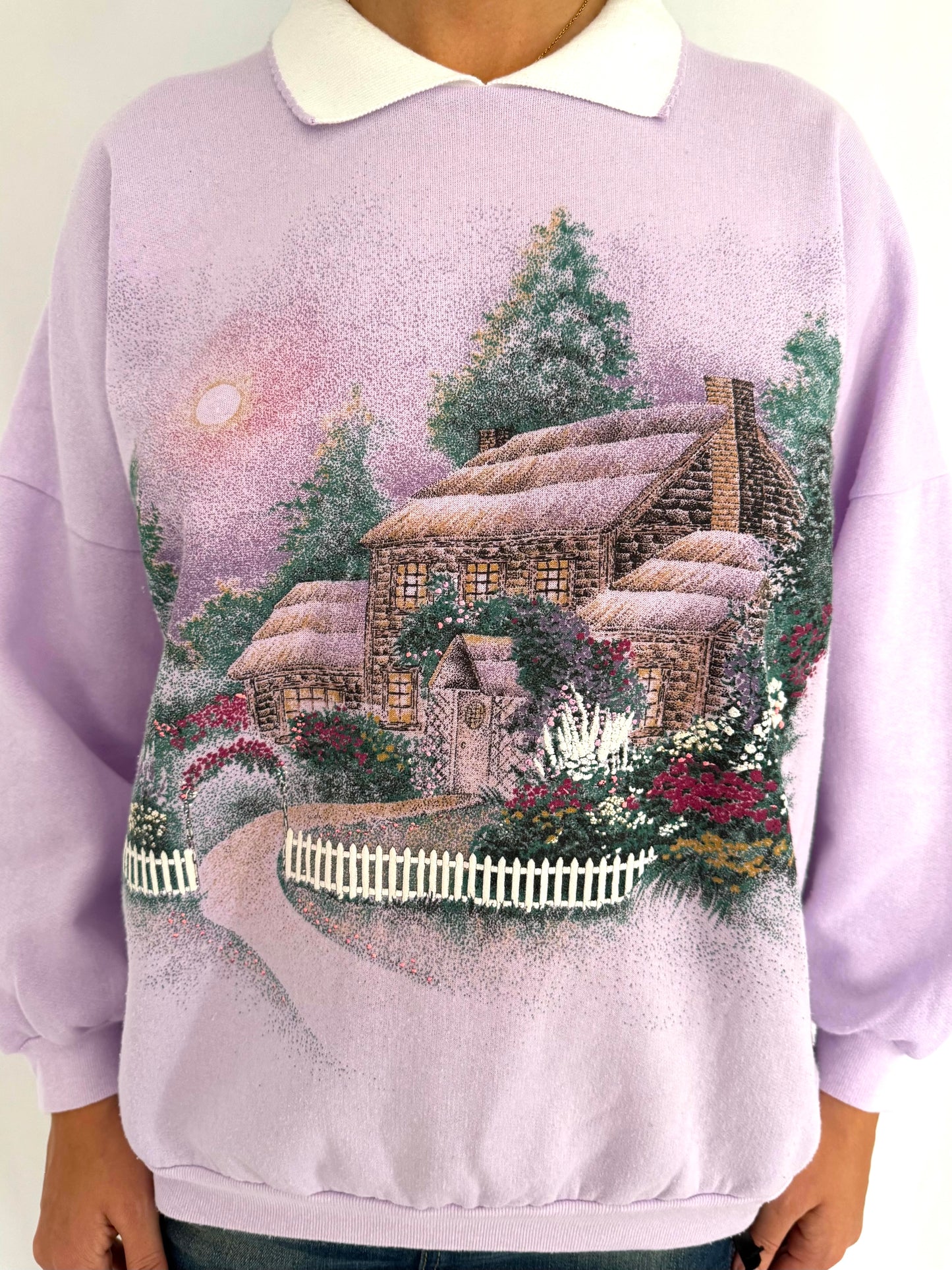 90s vintage purple outdoor country garden scene pullover sweatshirt – small medium | cute granny graphic puffy collared sweater