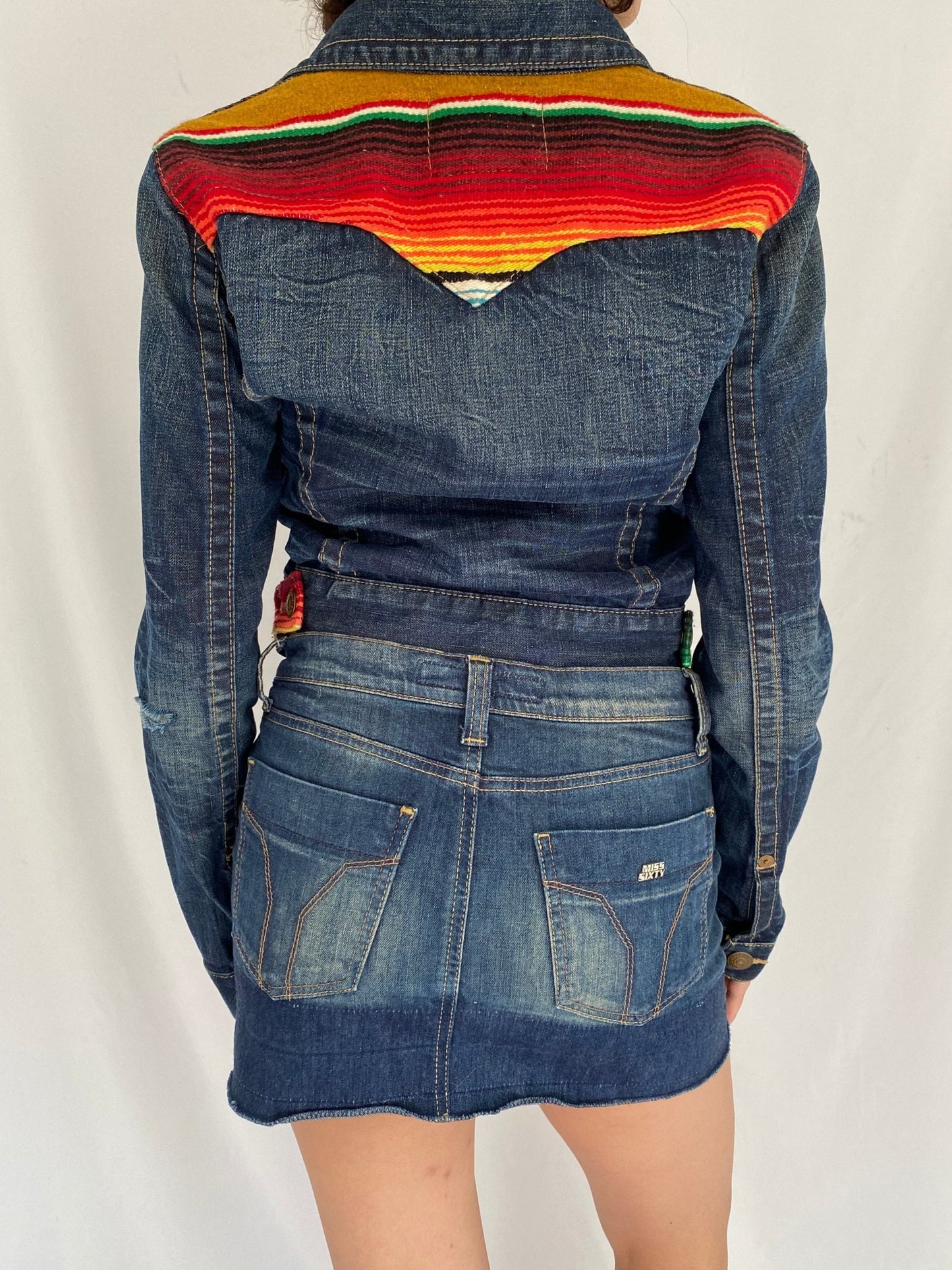2000s vintage true religion serape blue denim jacket – small, medium | jada baja collared jean jacket