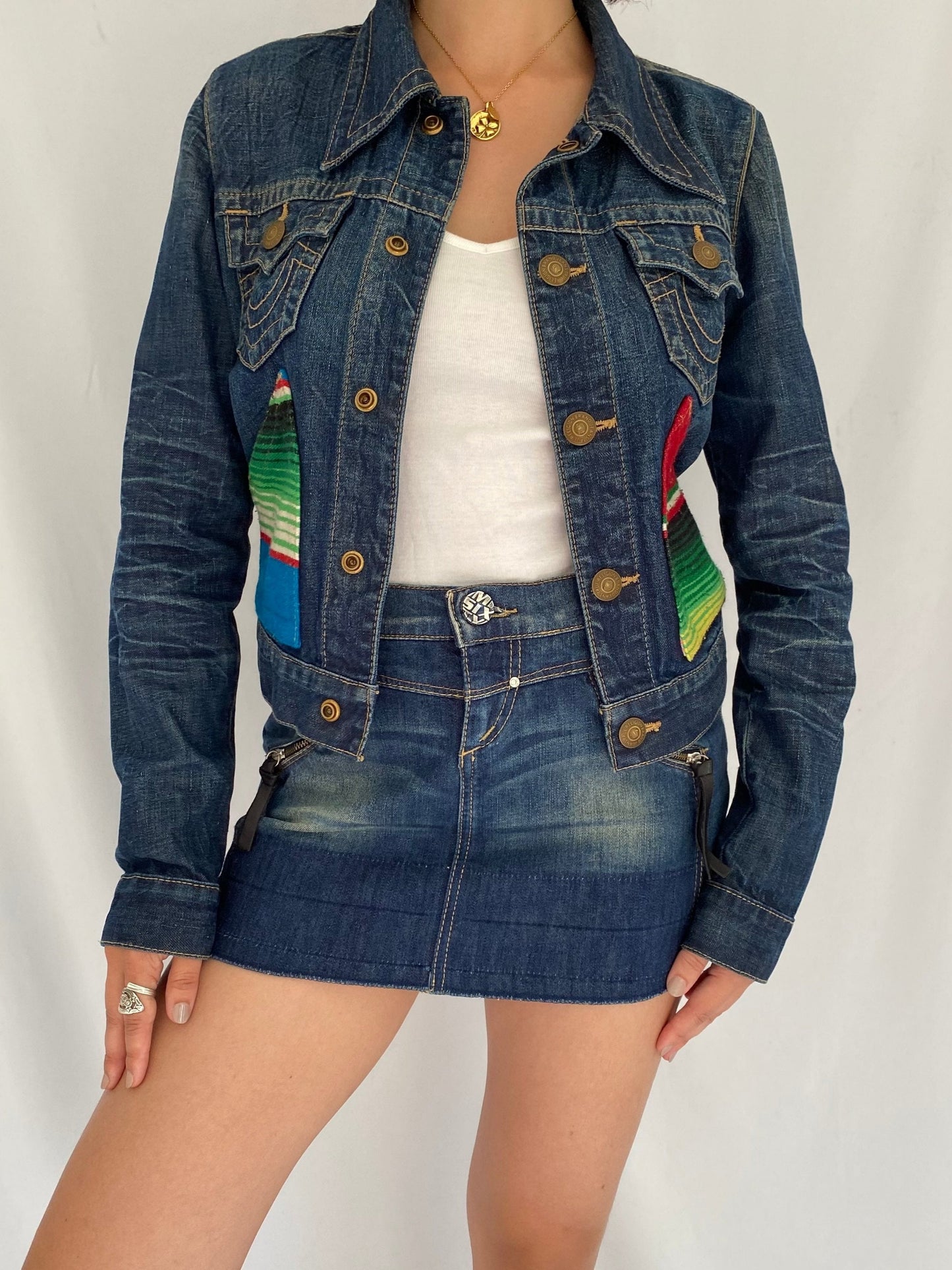 2000s vintage true religion serape blue denim jacket – small, medium | jada baja collared jean jacket
