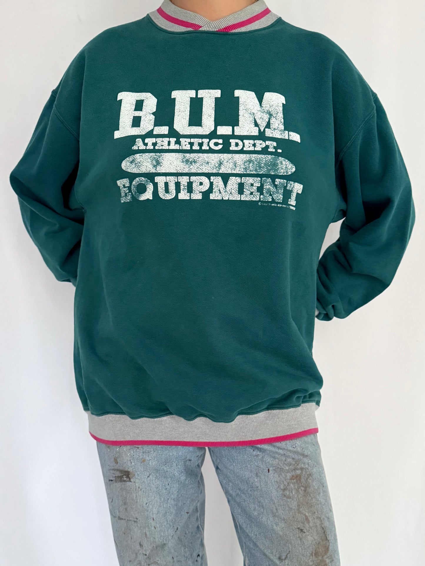 90s vintage teal BUM equipment graphic pullover sweater | unisex distressed faded B.U.M sportswear retro skate crewneck sweatshirt