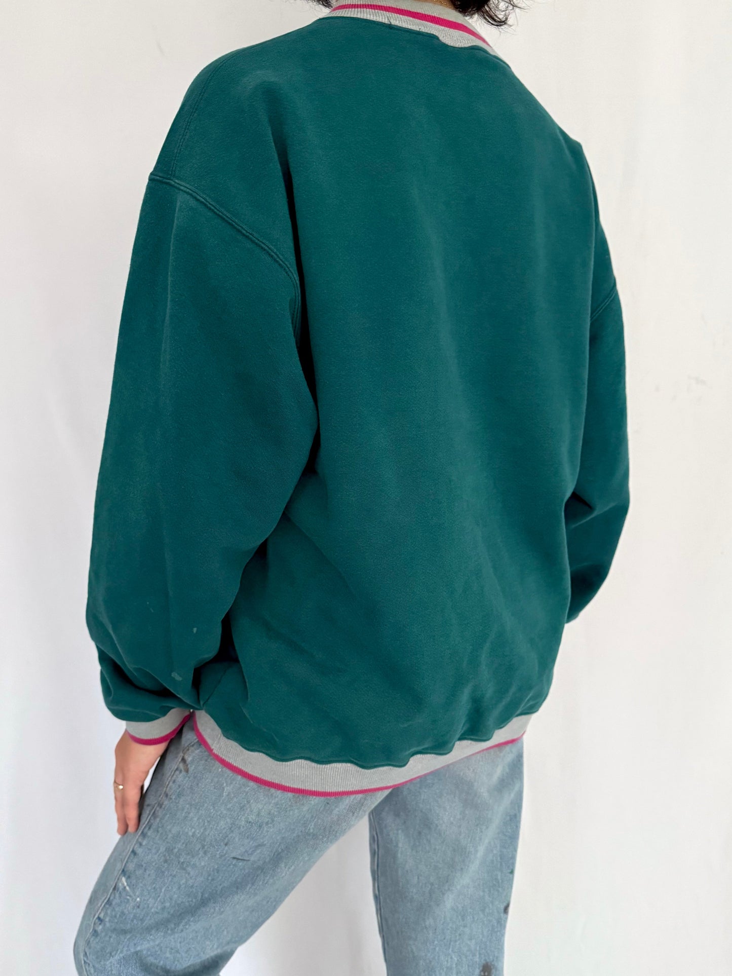 90s vintage teal BUM equipment graphic pullover sweater | unisex distressed faded B.U.M sportswear retro skate crewneck sweatshirt
