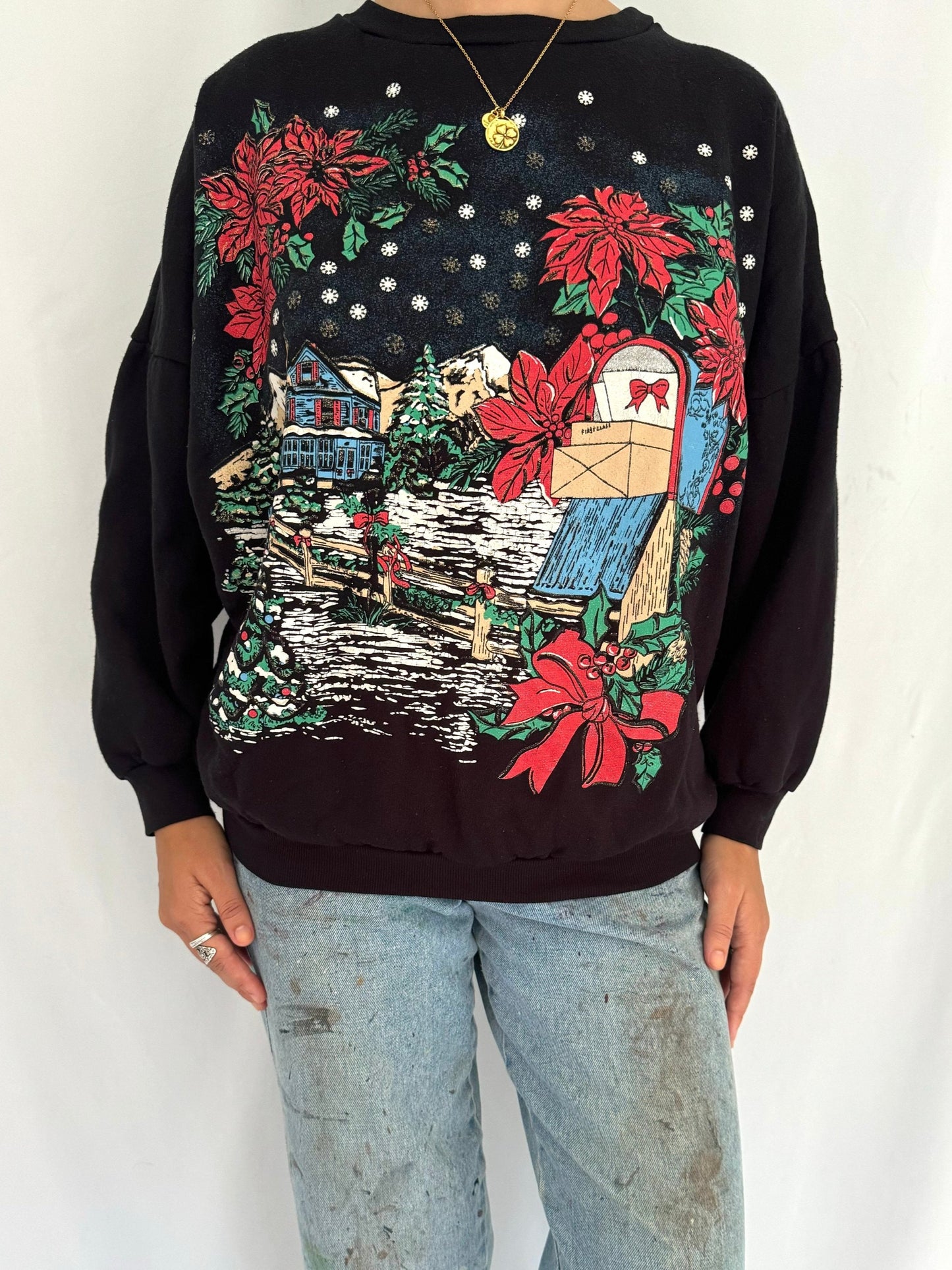 90s vintage black festive holiday scene pullover sweater