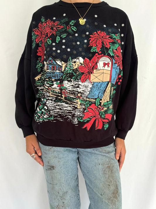 90s vintage black festive holiday scene pullover sweater