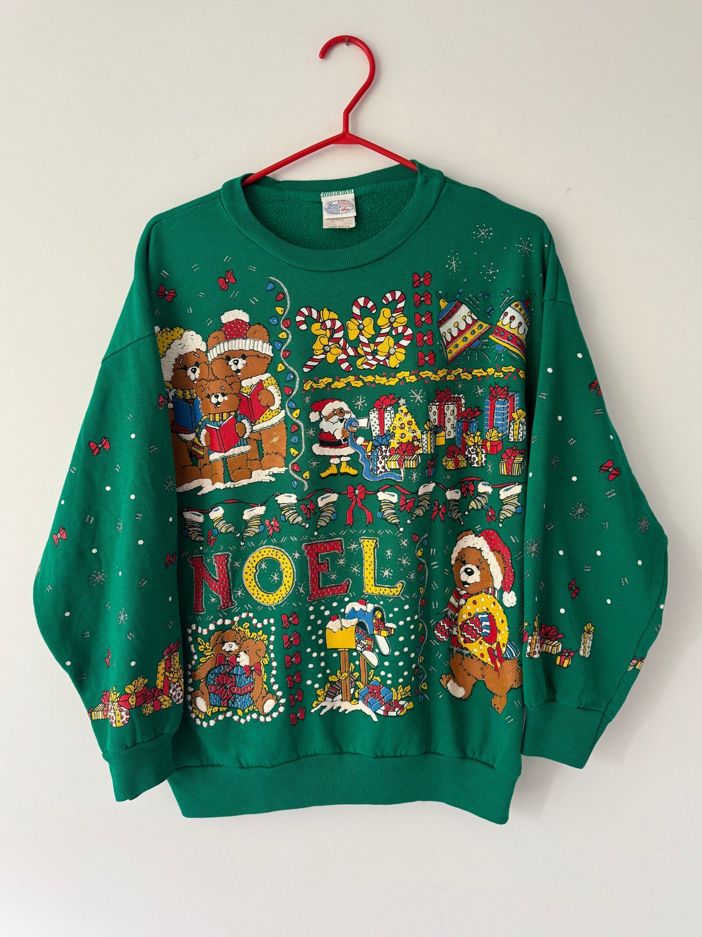 80s vintage green christmas teddy bear graphic pullover sweater