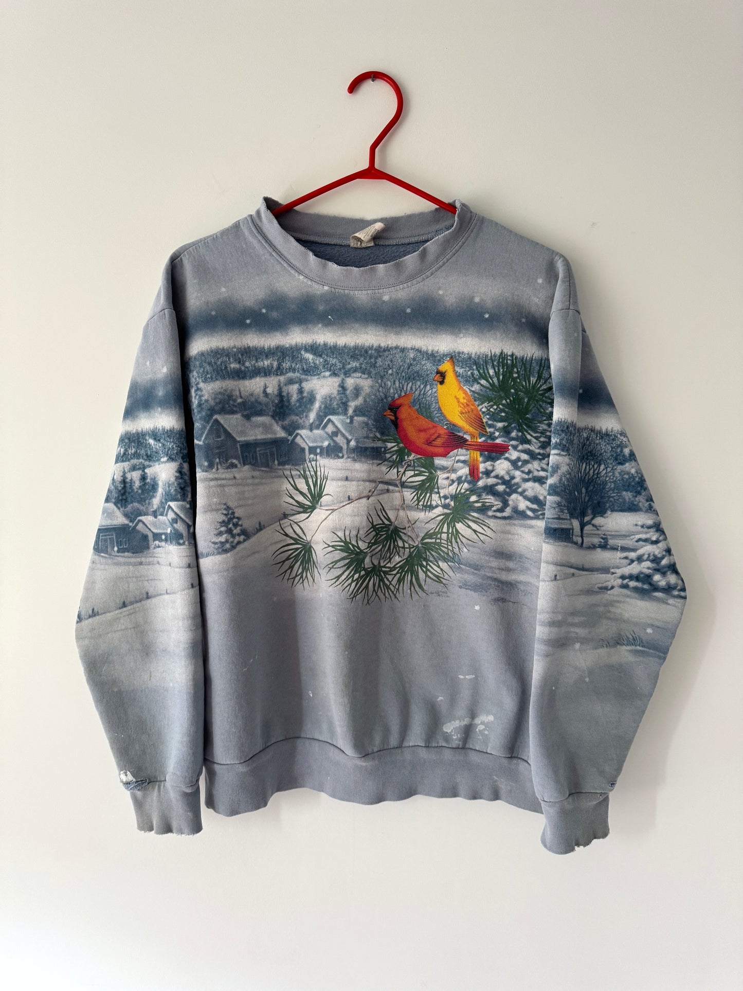 90s vintage blue snowy winter birds scene graphic pullover sweatshirt