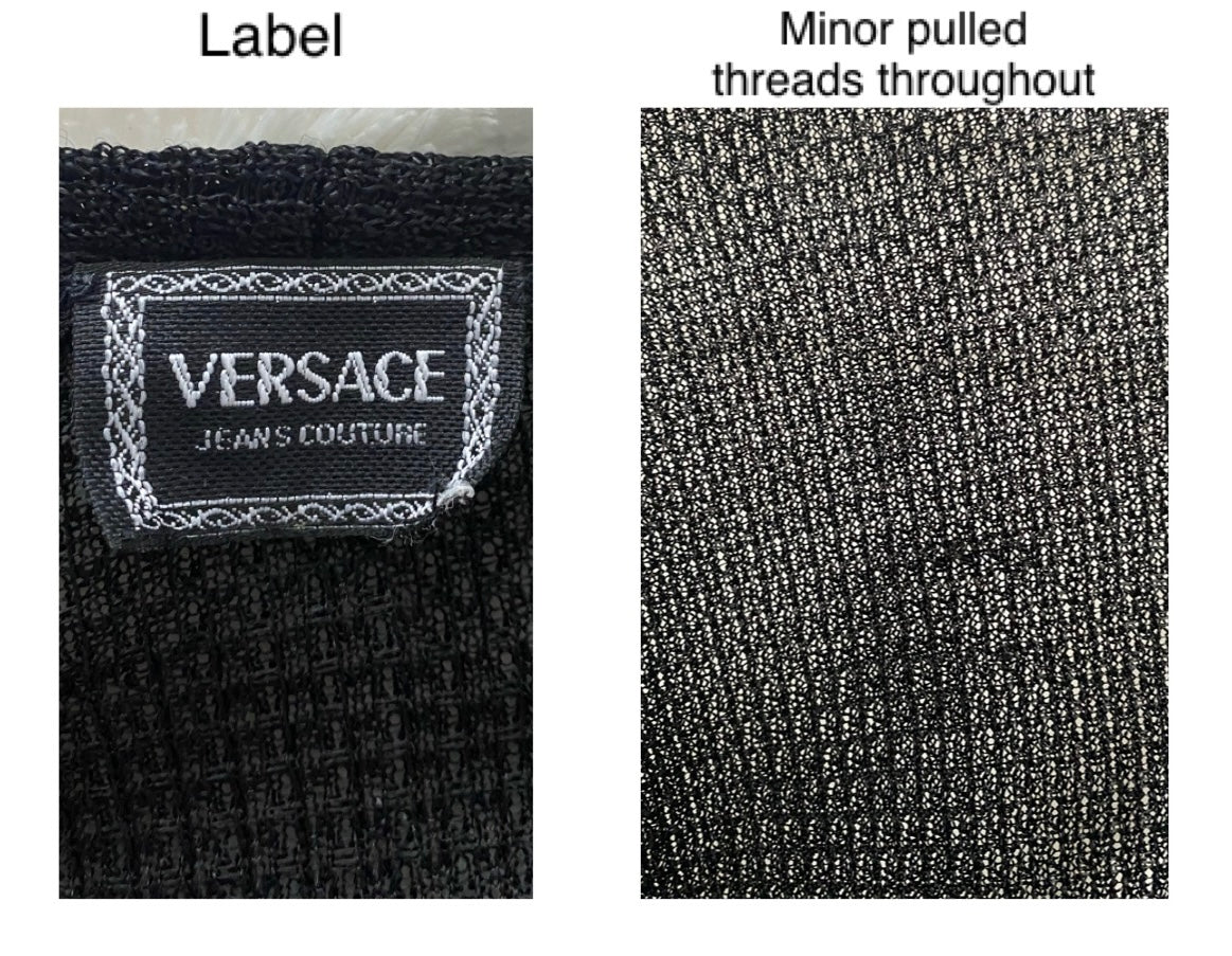 90s vintage versace jeans couture black knit crop shirt – small | long sleeved wrap plunge blouse