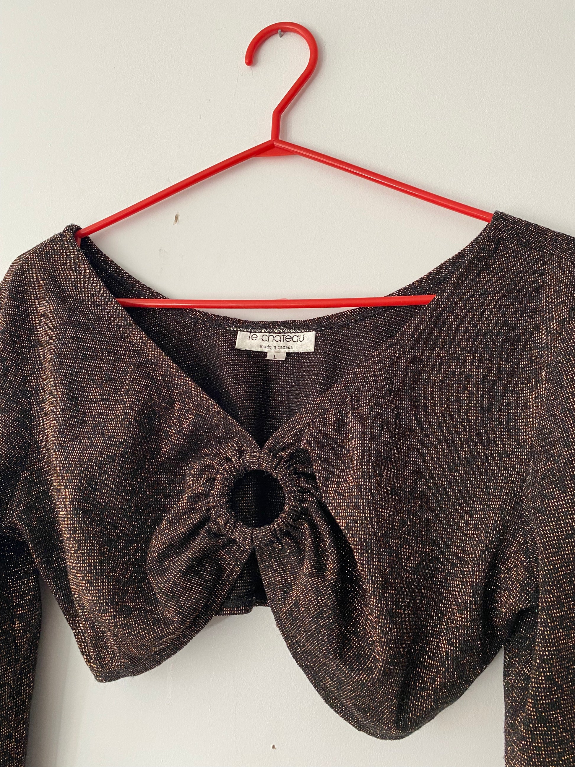 90s does 70s vintage brown glitter sparkle bell sleeve crop top – small