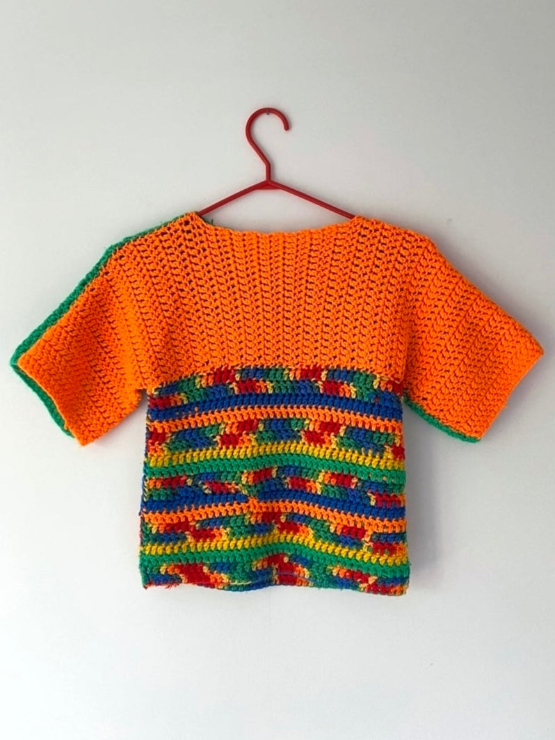 vintage hand knit green orange double sided short sleeved sweater – small | handmade bright crochet granny unique tee shirt