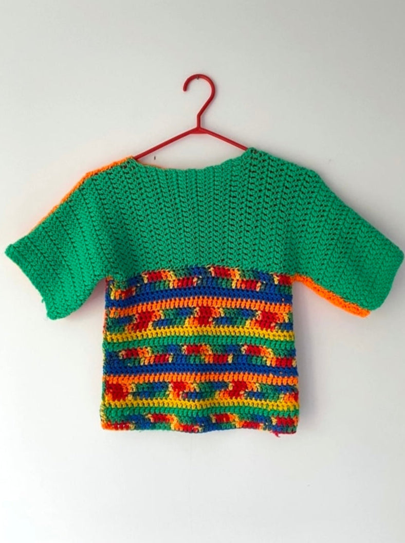 vintage hand knit green orange double sided short sleeved sweater – small | handmade bright crochet granny unique tee shirt