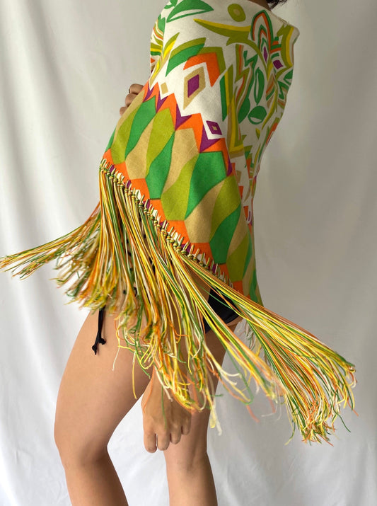vintage unique green orange large triangle scarf with fringed hem