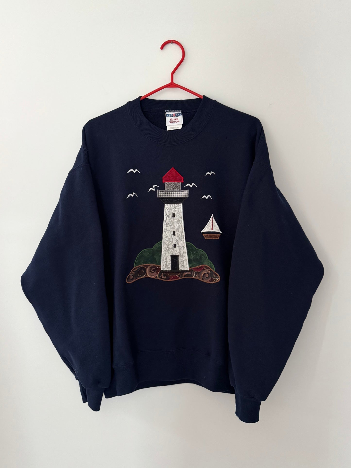 90s vintage navy blue lighthouse boat graphic pullover sweatshirt - large | coastal cottage nature travel souvenir cotton crewneck sweater