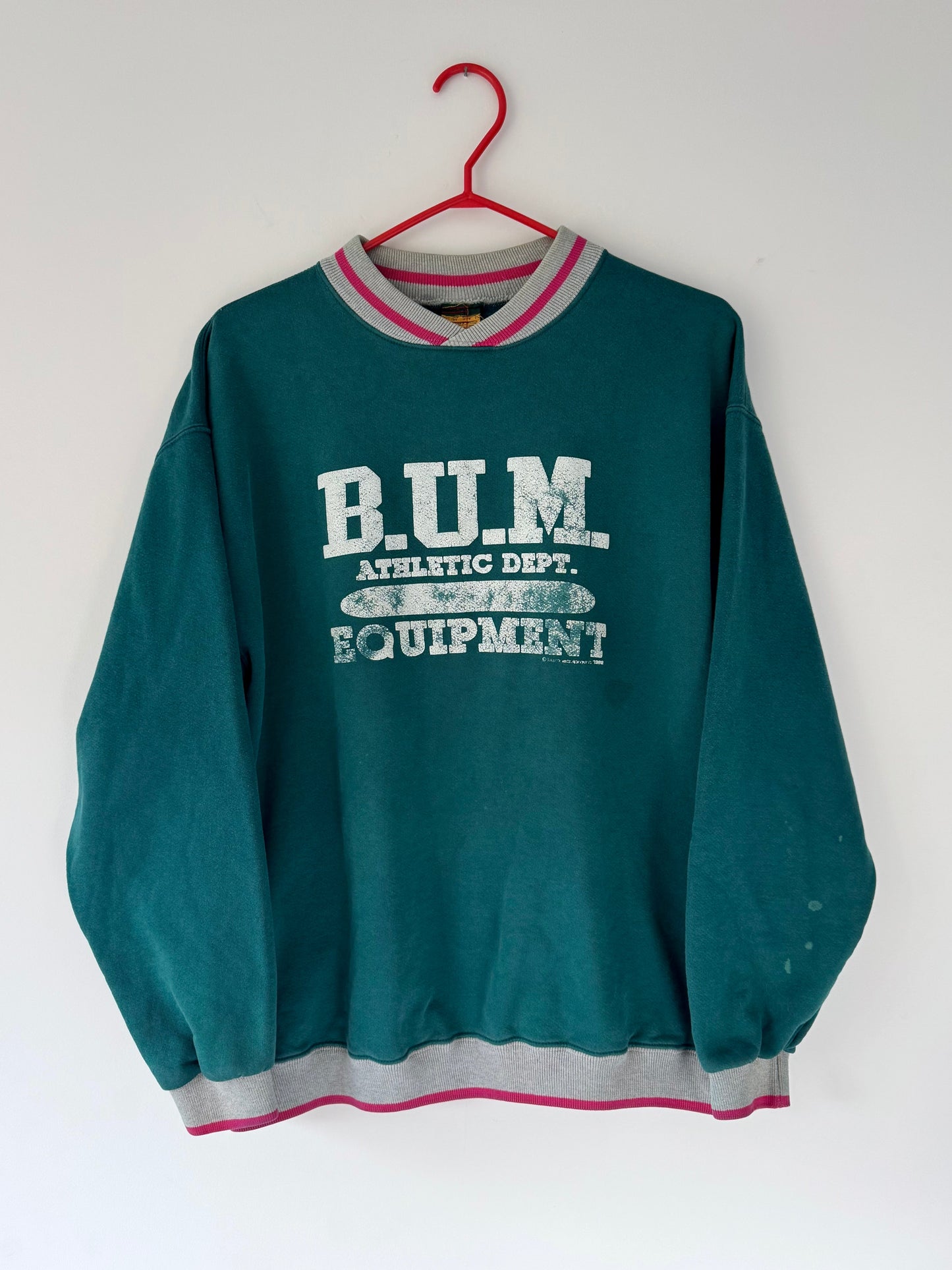 90s vintage teal BUM equipment graphic pullover sweater | unisex distressed faded B.U.M sportswear retro skate crewneck sweatshirt