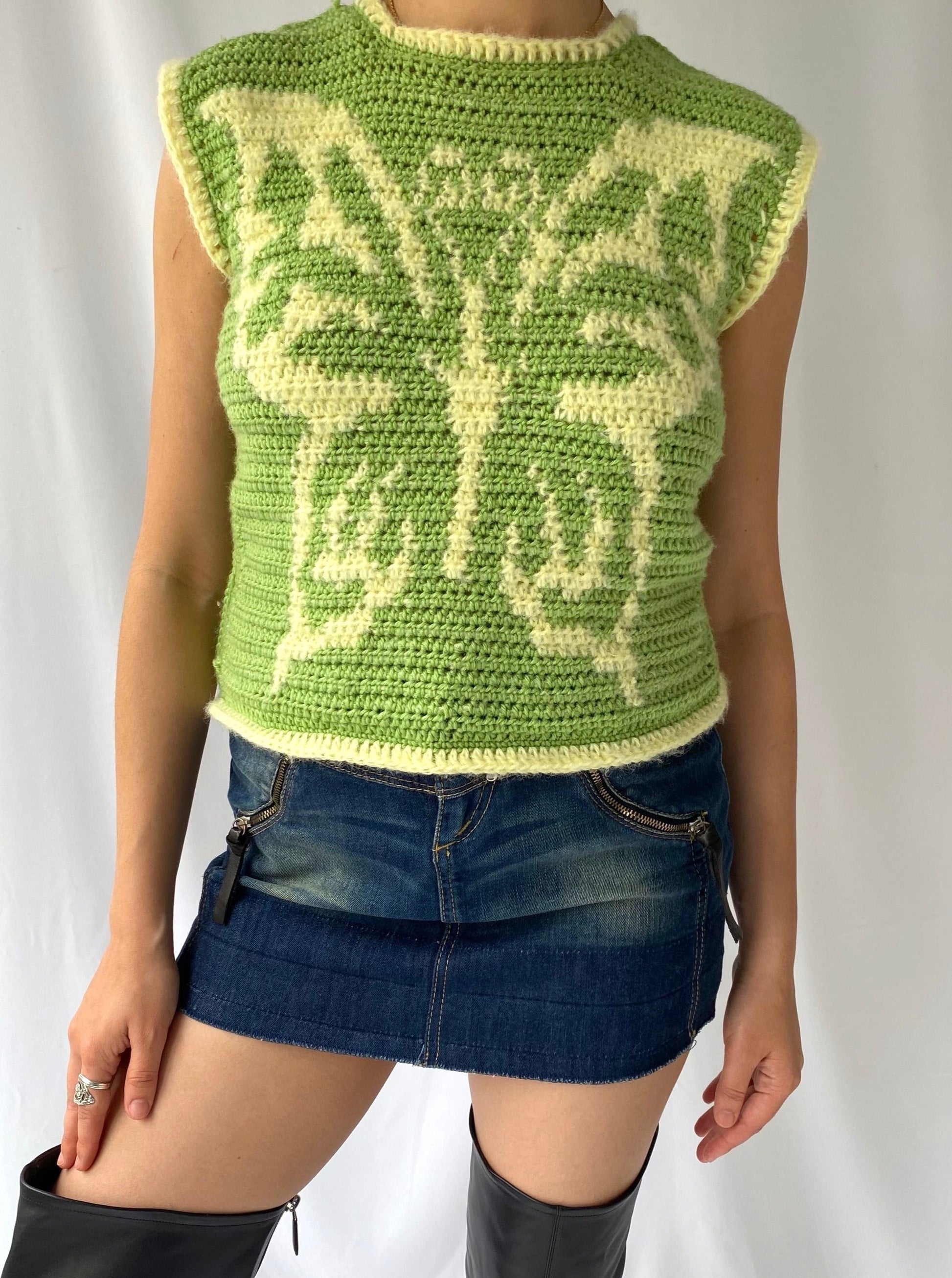 vintage hand knit green butterfly cropped sweater tank top