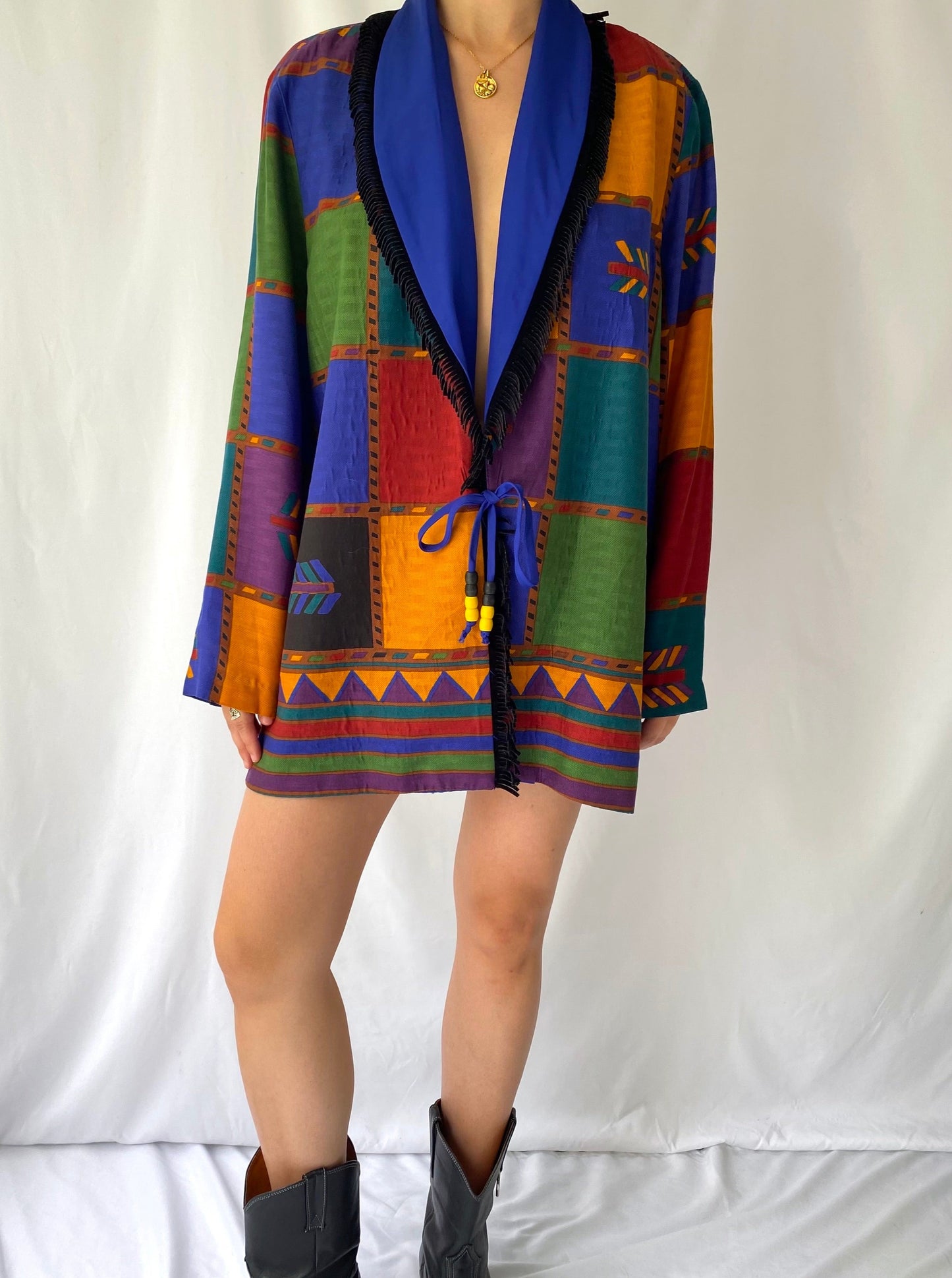 90s vintage multicolor southwestern bohemian fringe long blazer jacket – large | hippie artsy unique boho open front coat