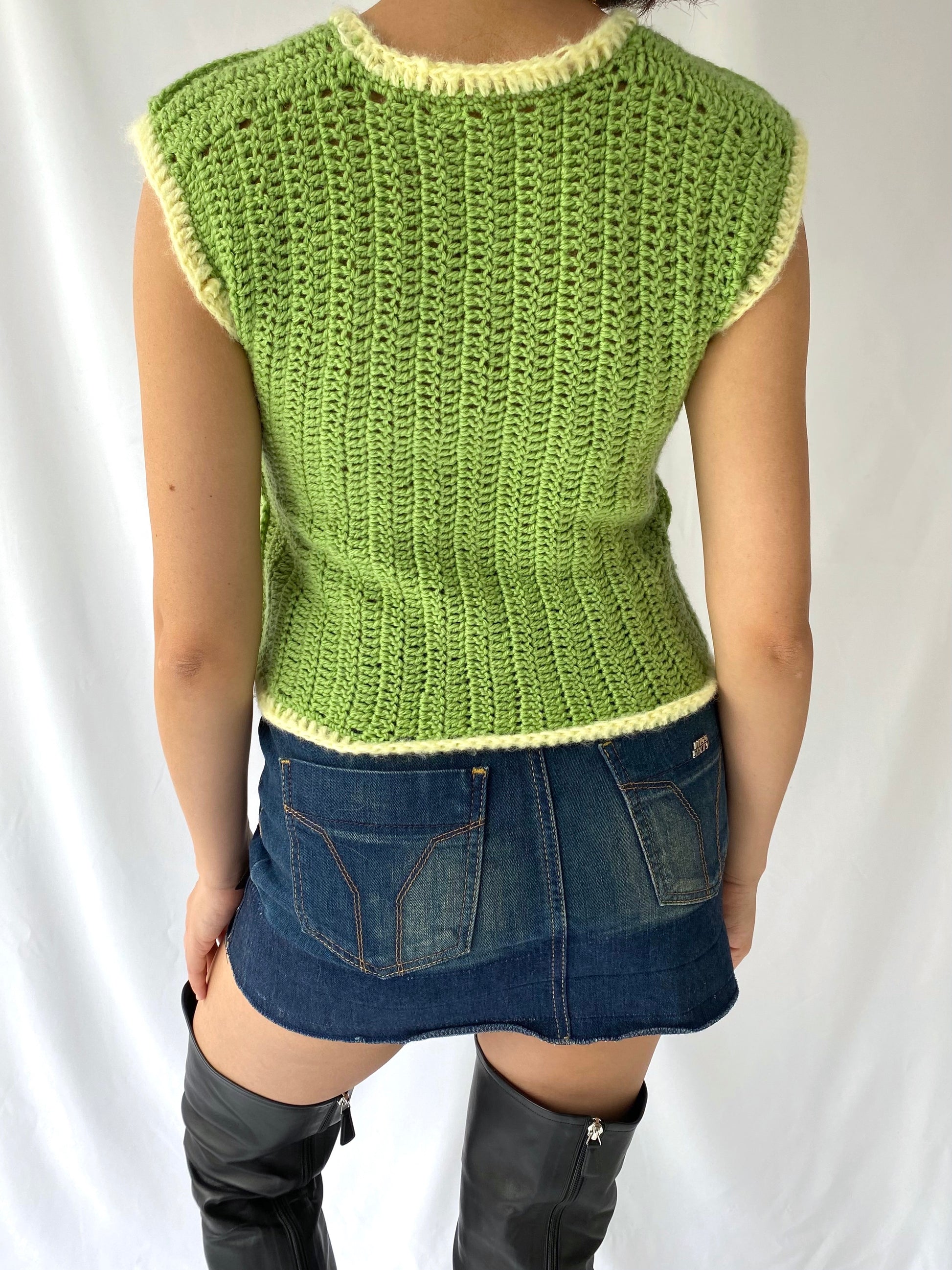 vintage hand knit green butterfly cropped sweater tank top