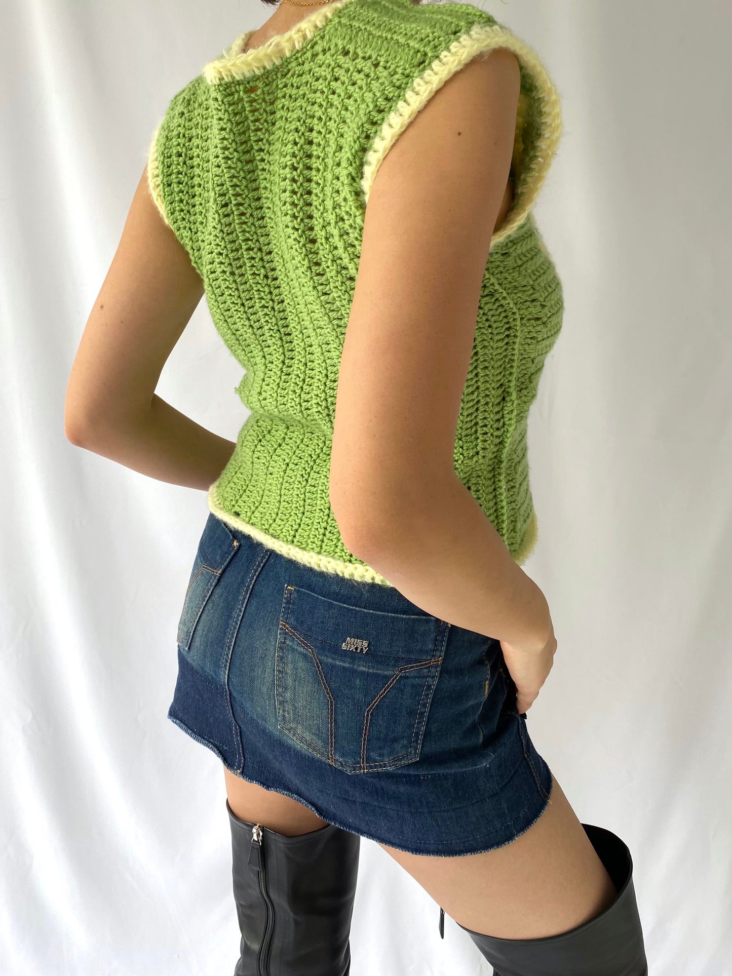 vintage hand knit green butterfly cropped sweater tank top – small | handmade crochet granny cute baby tee