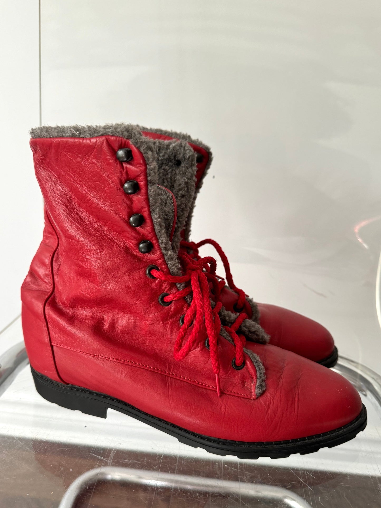 90s vintage red leather fuzzy lace up short ankle boots