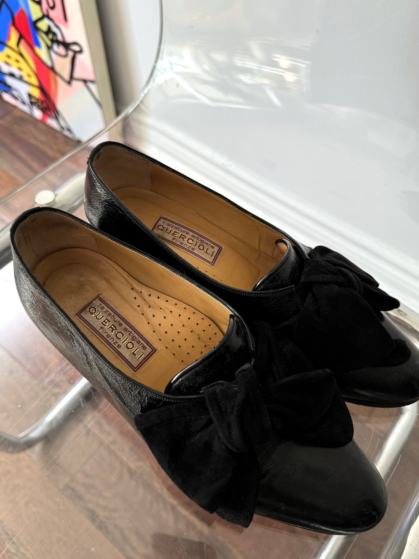 80s vintage black leather bow flat party shoes