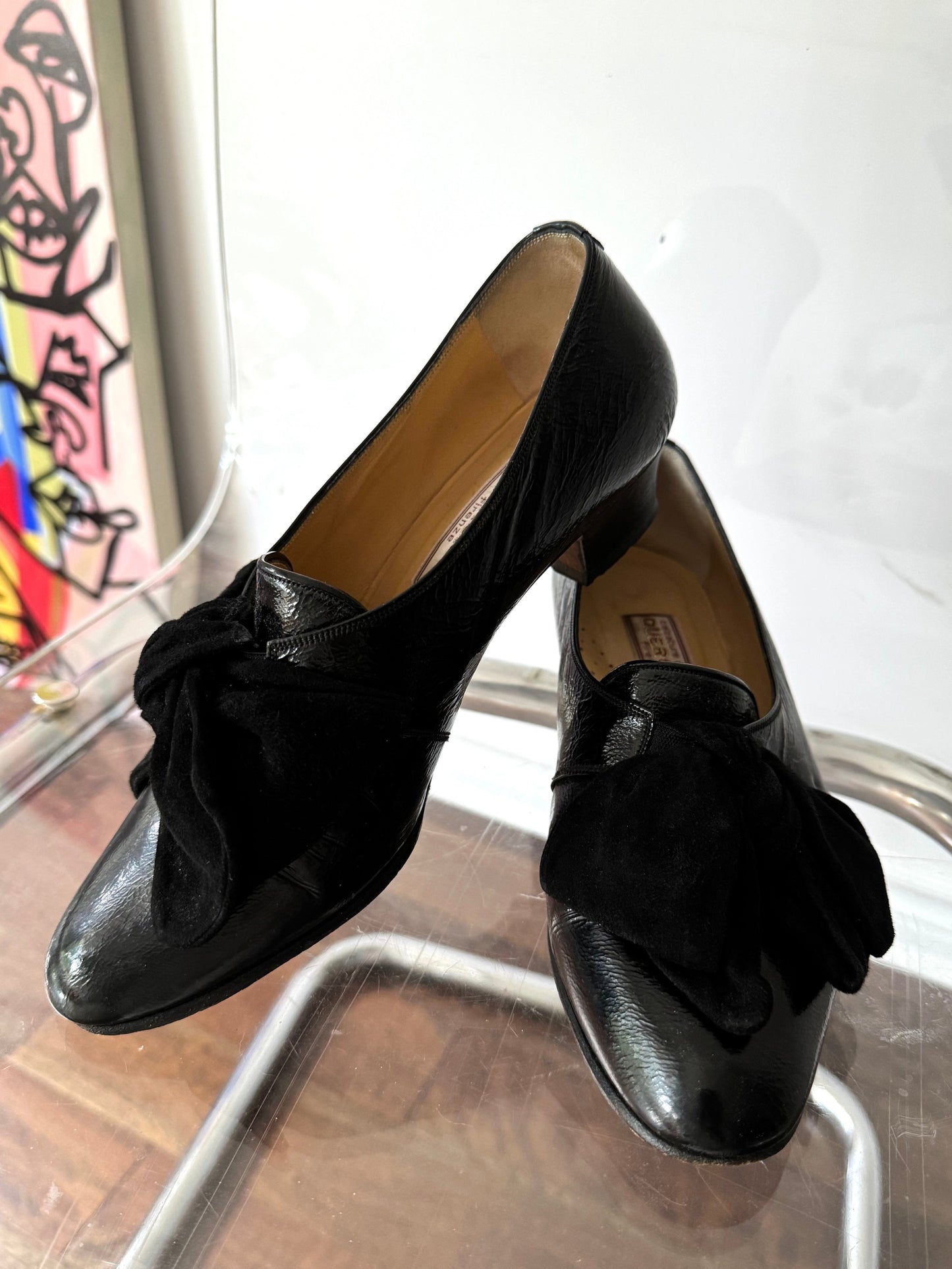 80s vintage black leather bow flat party shoes
