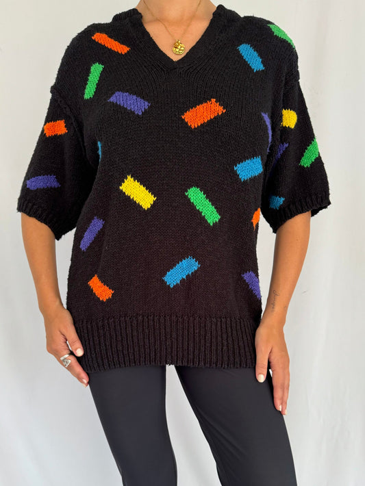 80s vintage black multicolor abstract print short sleeved knit sweater