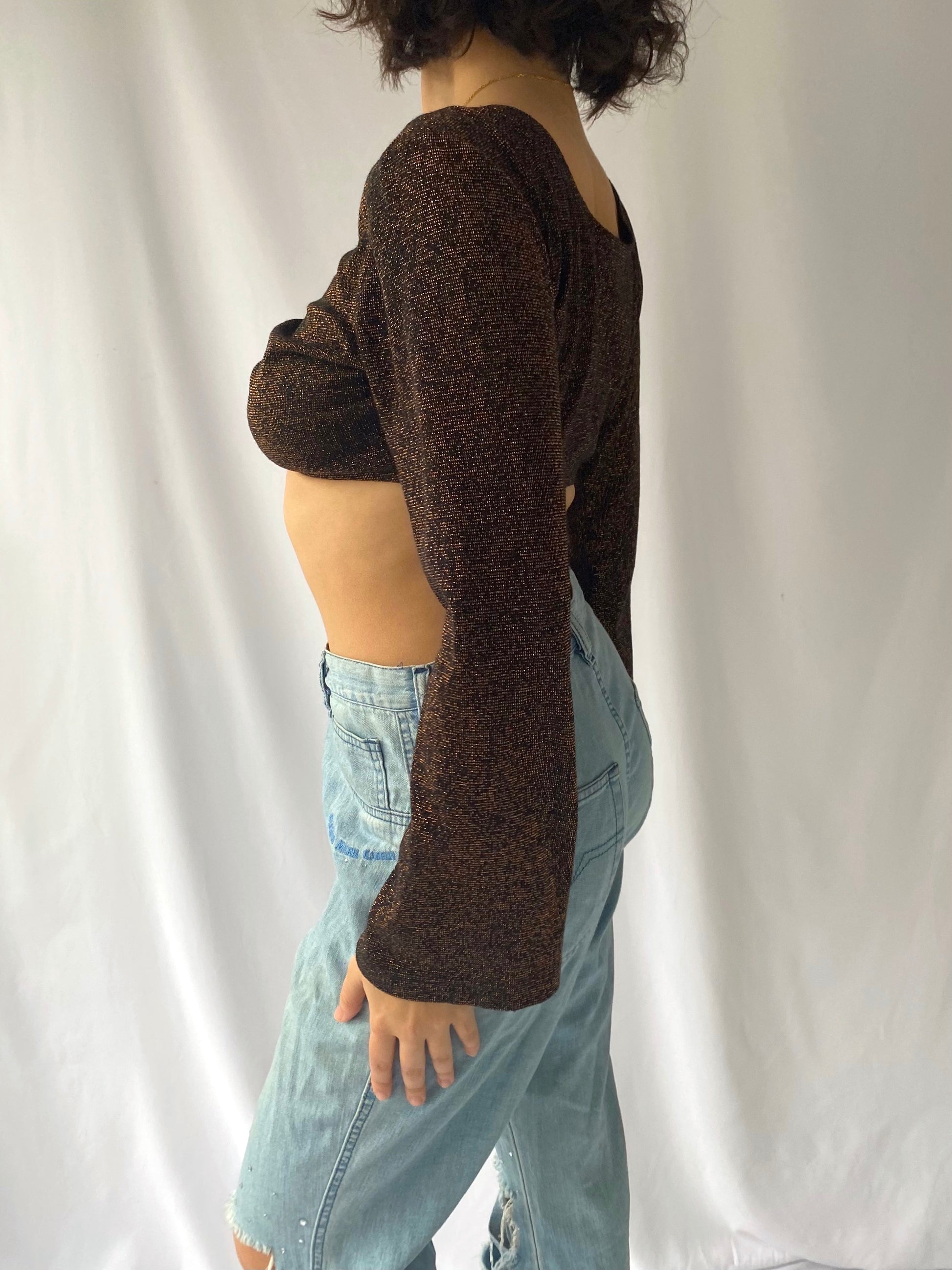 90s does 70s vintage brown glitter sparkle bell sleeve crop top – small