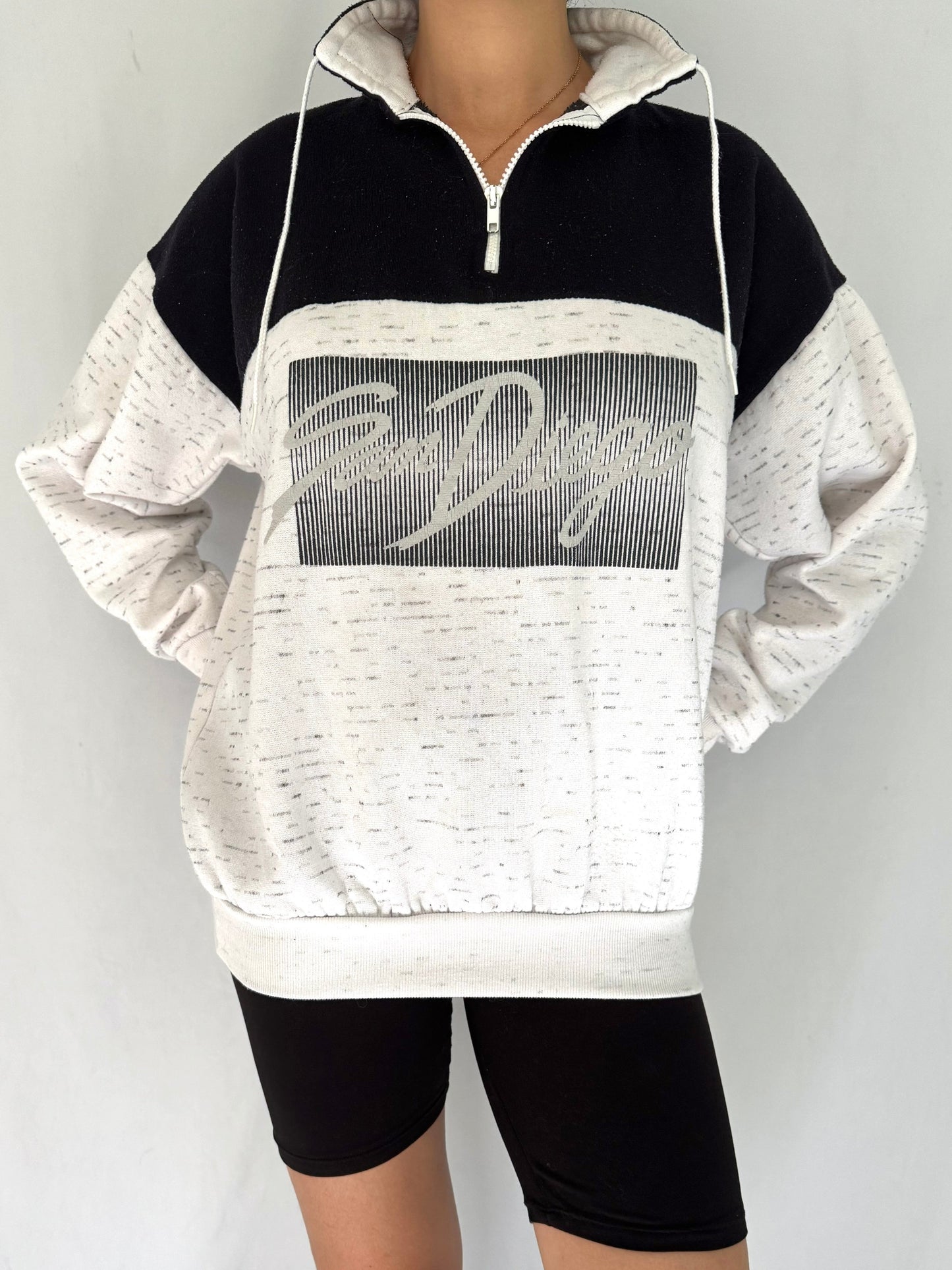 80s vintage white black san diego graphic pullover sweater – medium | california tourist travel two tone quarter zip sweatshirt