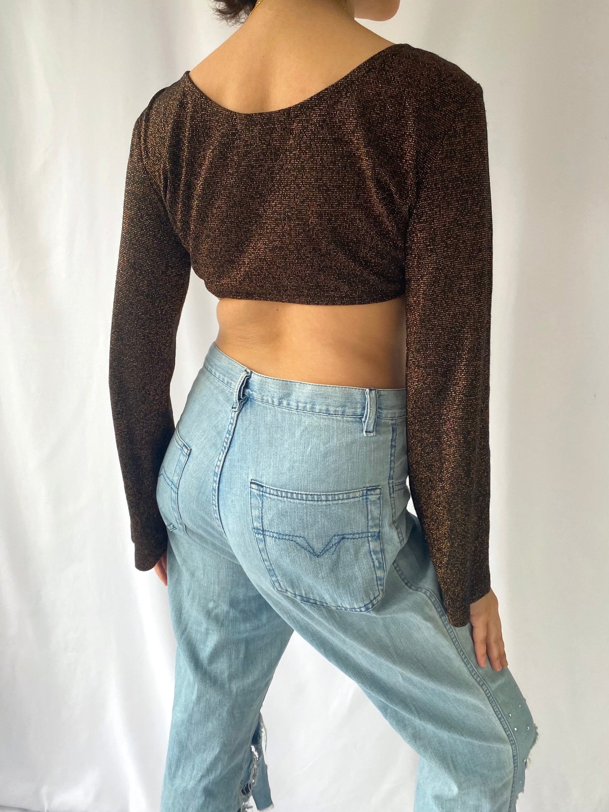 90s does 70s vintage brown glitter sparkle bell sleeve crop top – small