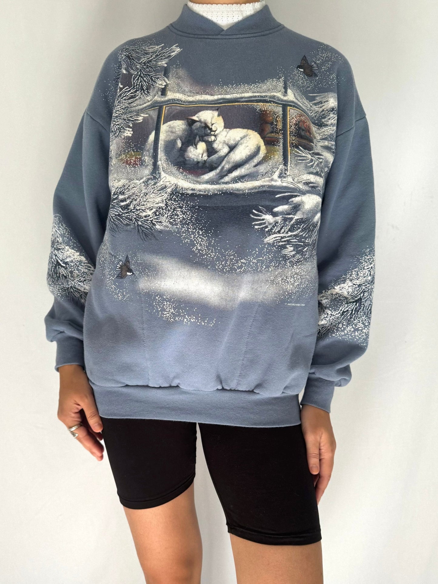 90s vintage blue winter cats lounge scene graphic pullover sweater
