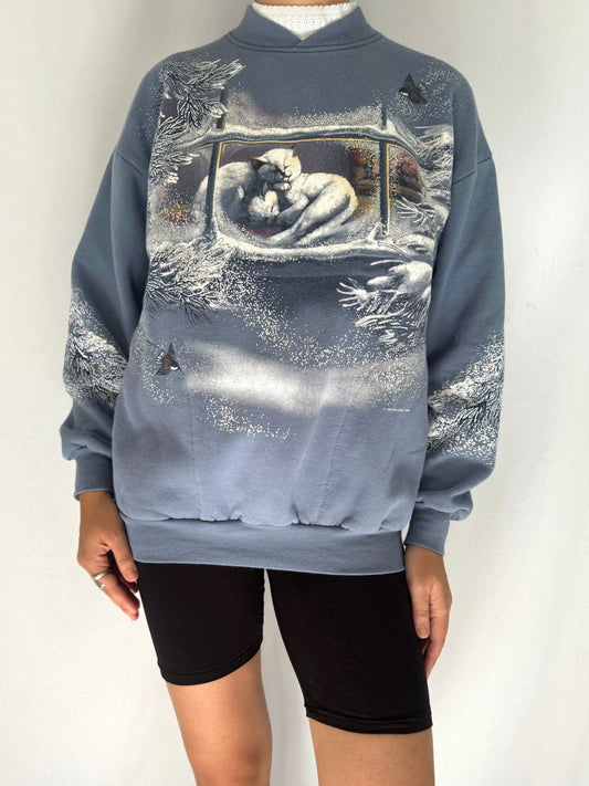 90s vintage blue winter cats lounge scene graphic pullover sweater