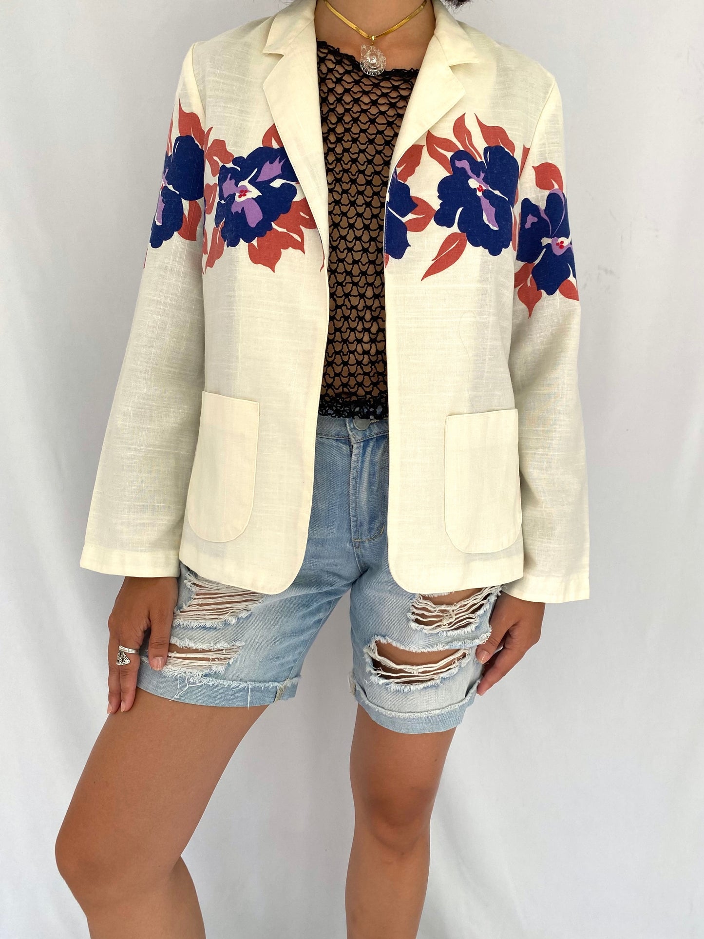 90s vintage cream floral hibiscus print open front blazer