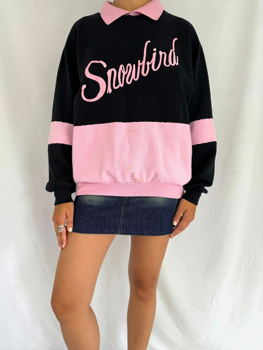 80s vintage pink black snowbird graphic collared pullover sweatshirt