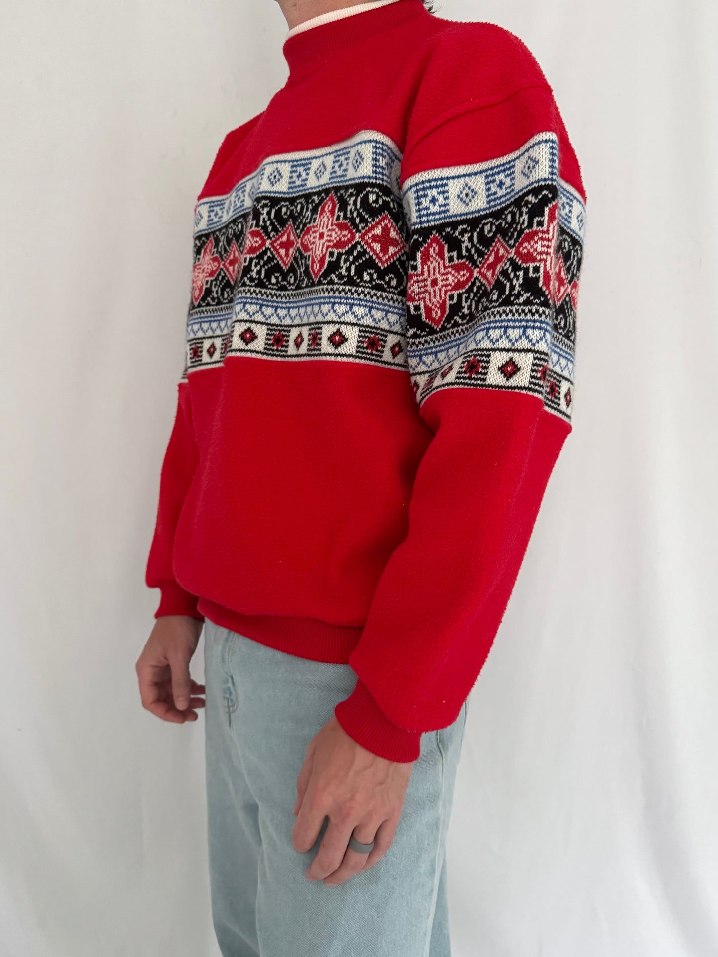 90s vintage red nordic aztec print fleece knit pullover sweater