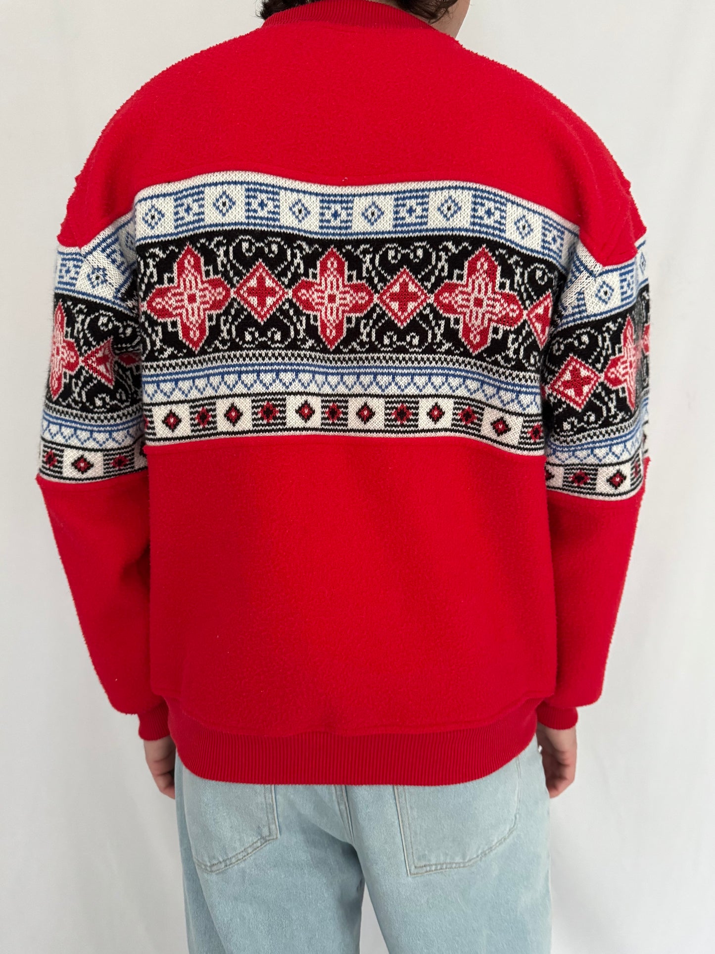 90s vintage red nordic aztec print fleece knit pullover sweater