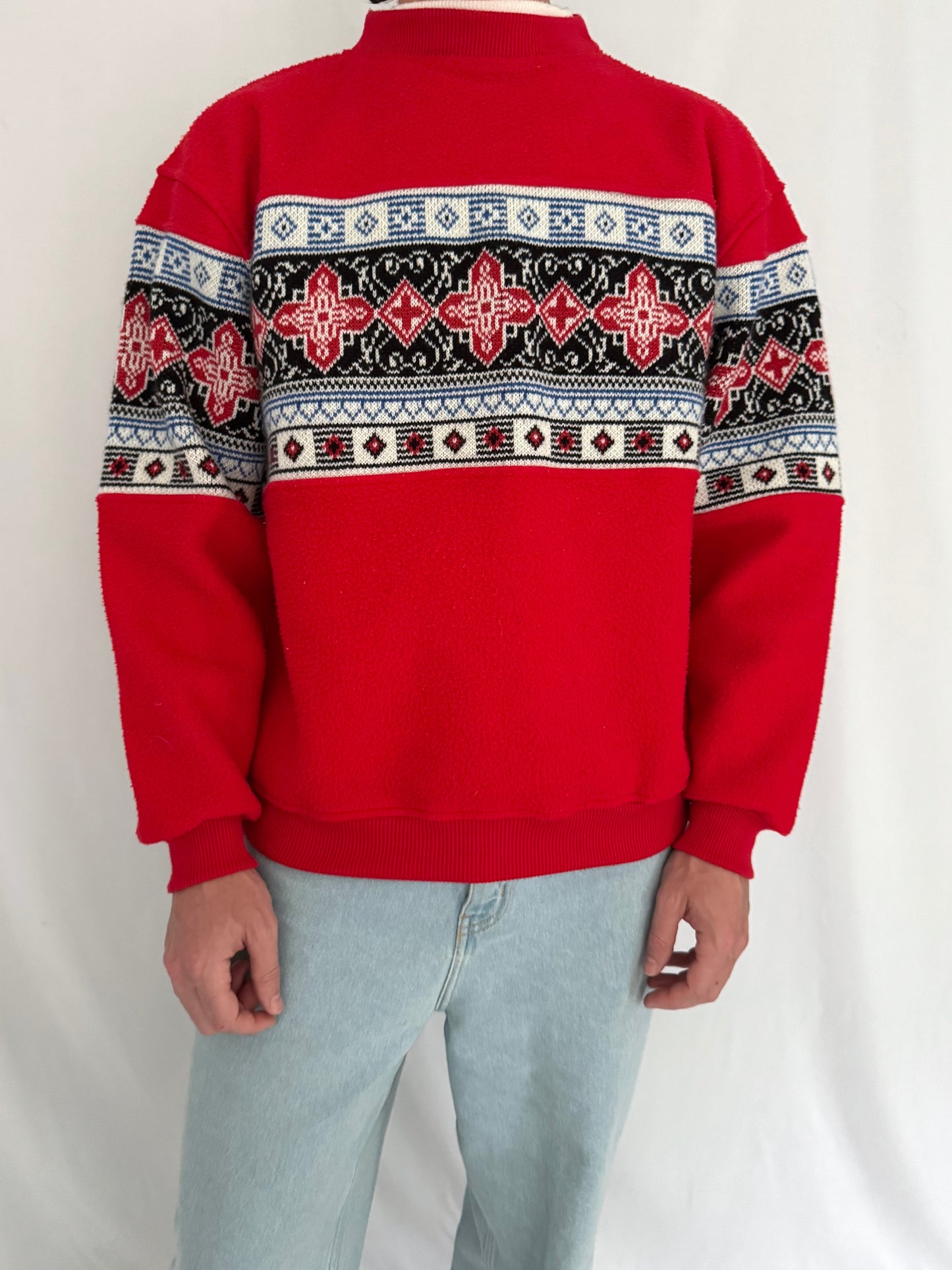90s vintage red nordic aztec print fleece knit pullover sweater
