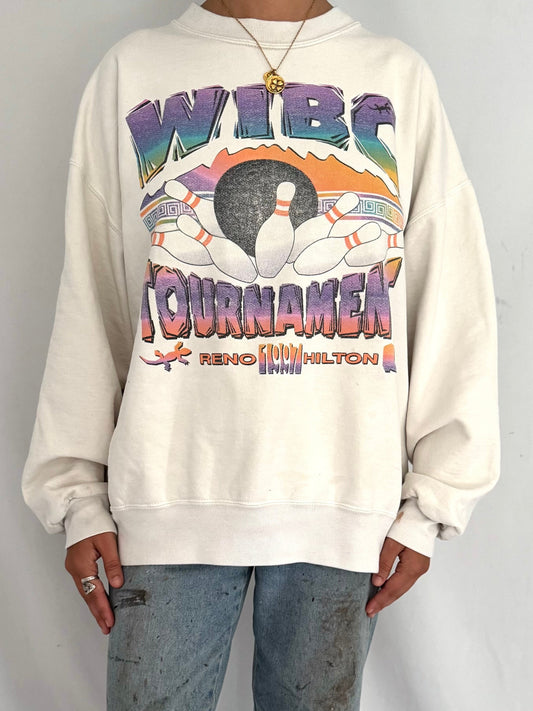 90s vintage colorful retro bowling pins tournament faded graphic pullover sweater