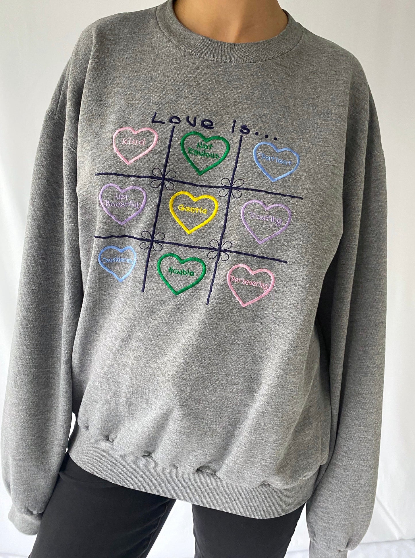 90s vintage grey pastel love heart crewneck pullover sweatshirt
