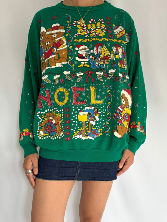 80s vintage green christmas teddy bear graphic pullover sweater