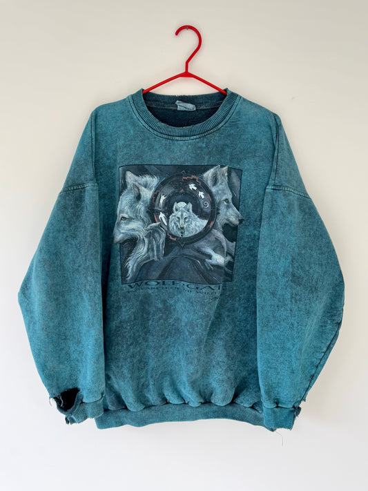 90s vintage blue wolf nature distressed graphic faded crewneck sweater
