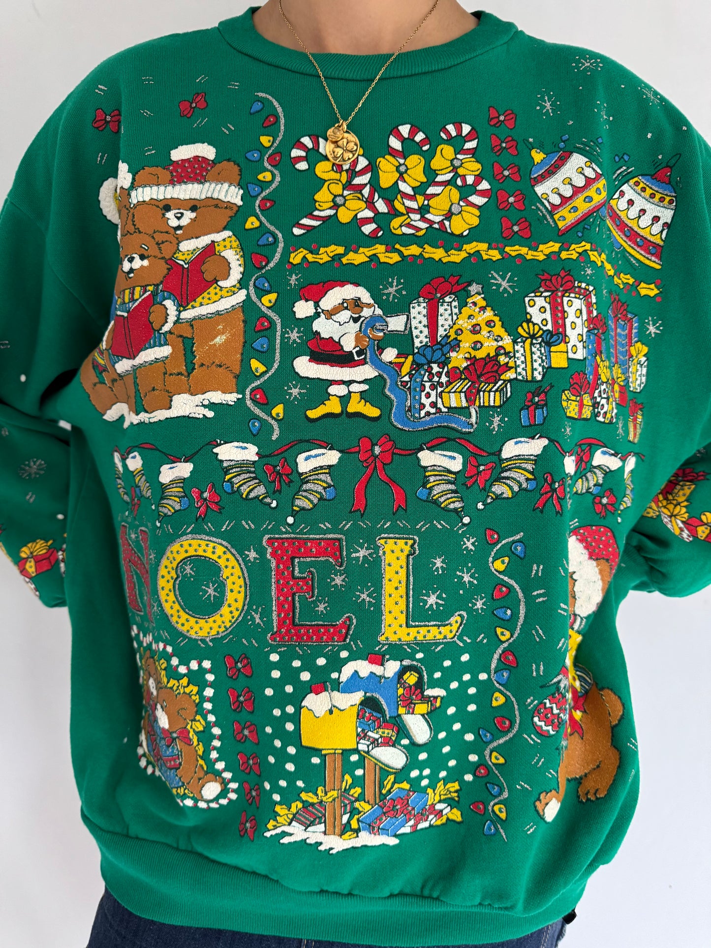 80s vintage green christmas teddy bear graphic pullover sweater
