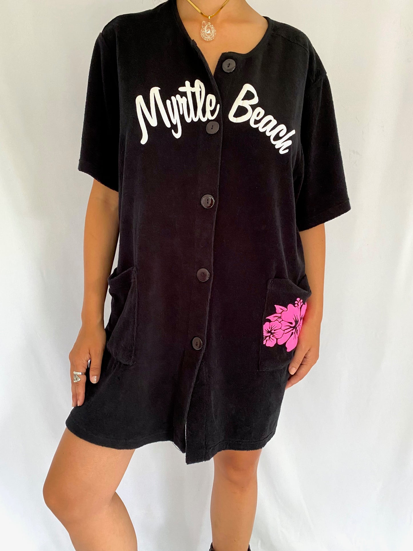 90s vintage black myrtle beach terry cloth dress – medium, large | vacation retro cover up with pockets