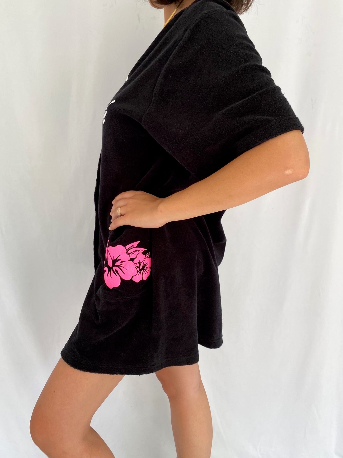 90s vintage black myrtle beach terry cloth dress – medium, large | vacation retro cover up with pockets