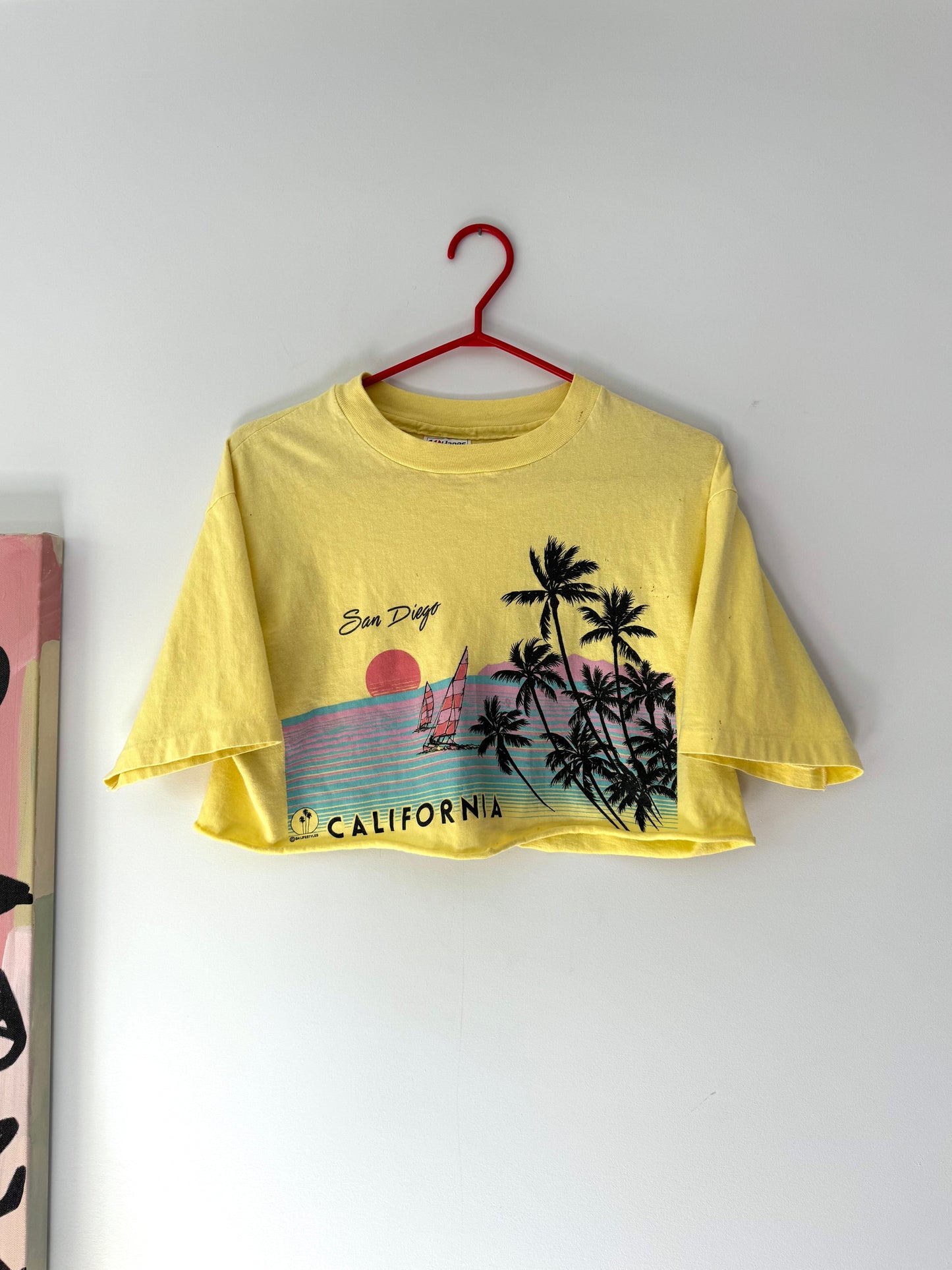 80s vintage san diego california beach graphic cropped tee shirt – medium | retro souvenir palm trees short sleeved crop top