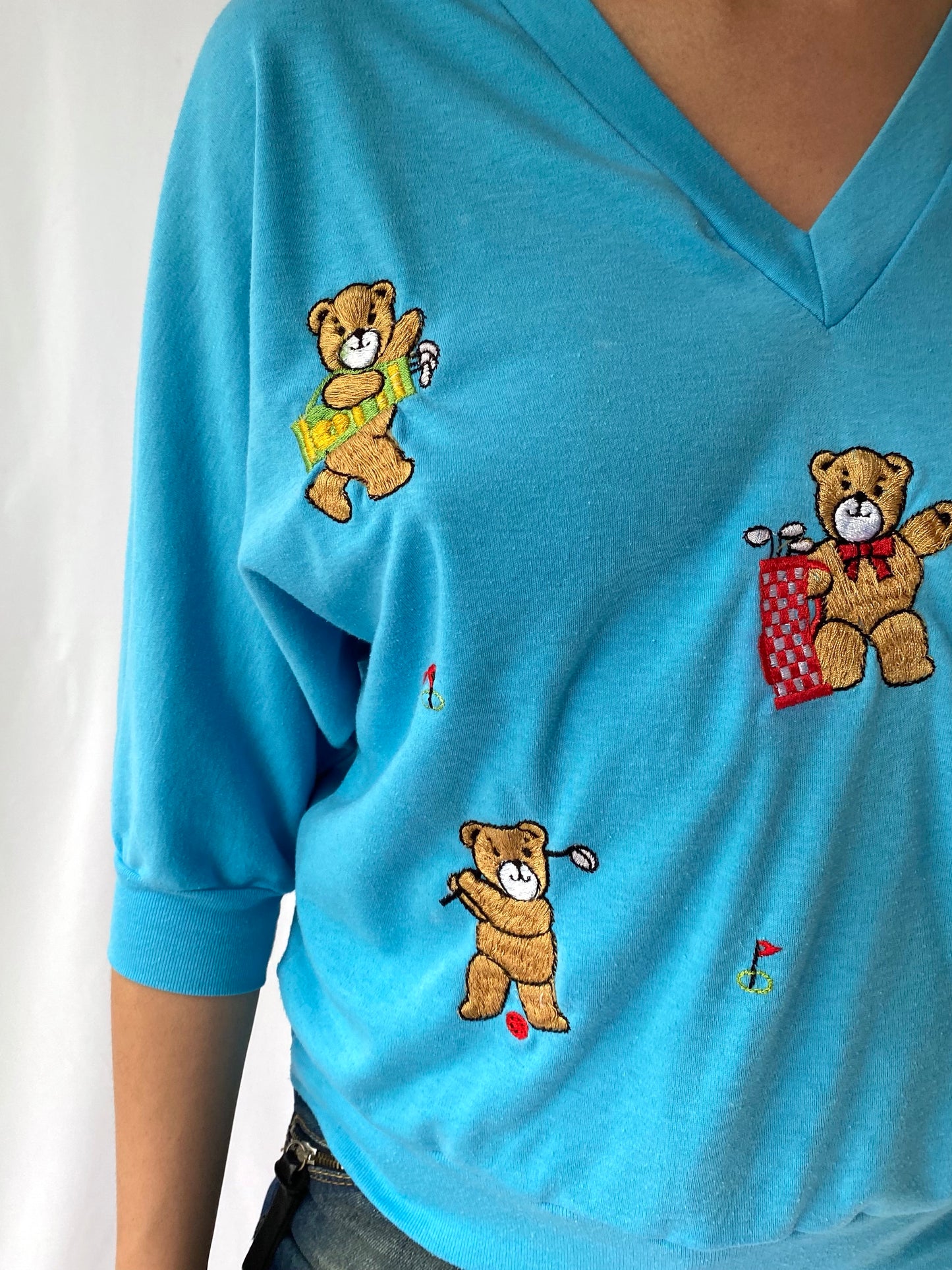 80s vintage blue embroidered bears golf slouchy half sleeve pullover shirt – small medium | novelty cartoon animal golfing top