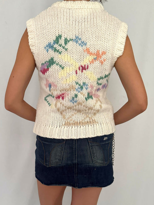 70s vintage cream floral knit sleeveless sweater vest