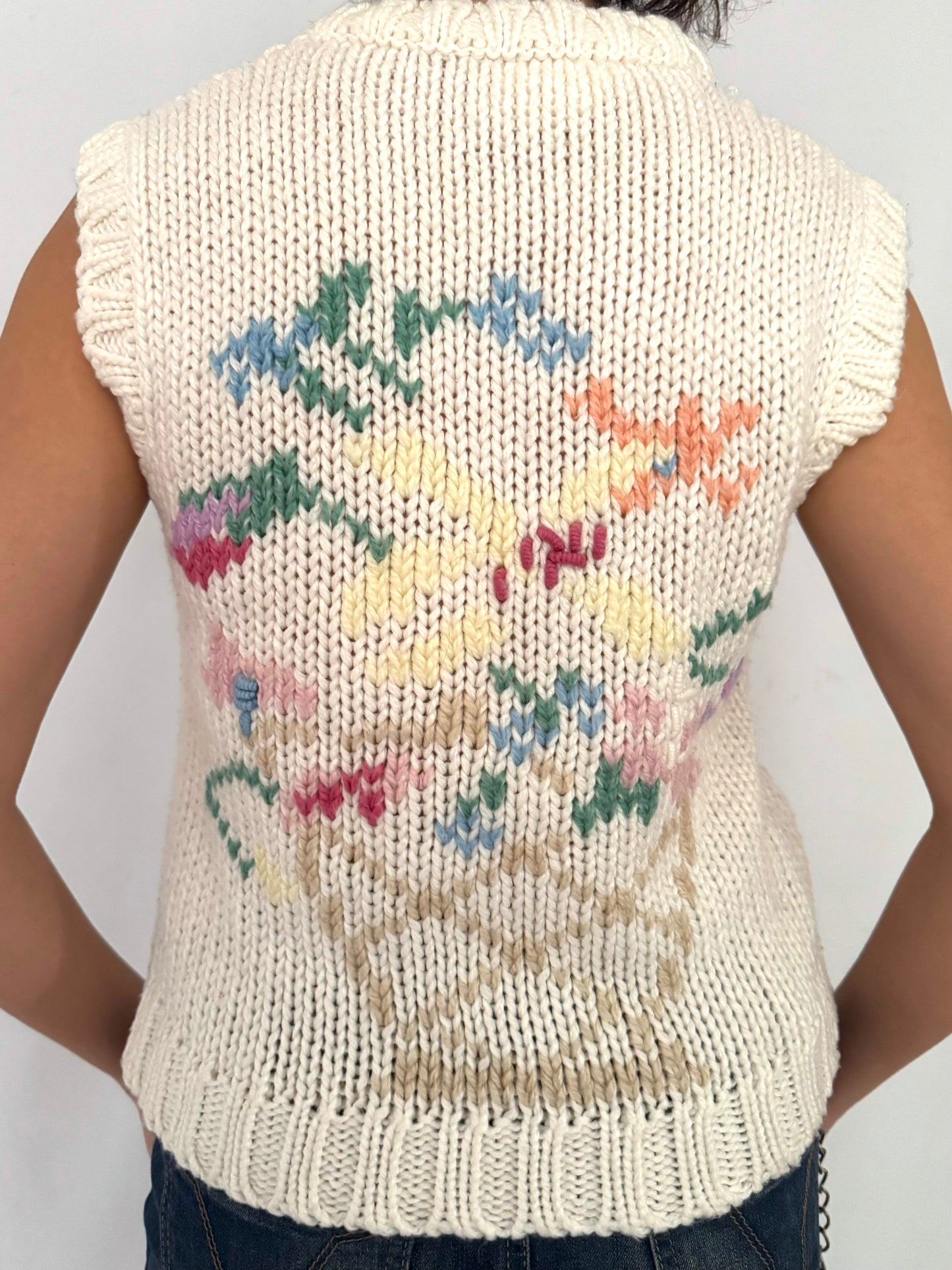 70s vintage cream floral knit sleeveless sweater vest – small | embroidered pastel cottage granny pullover cardigan